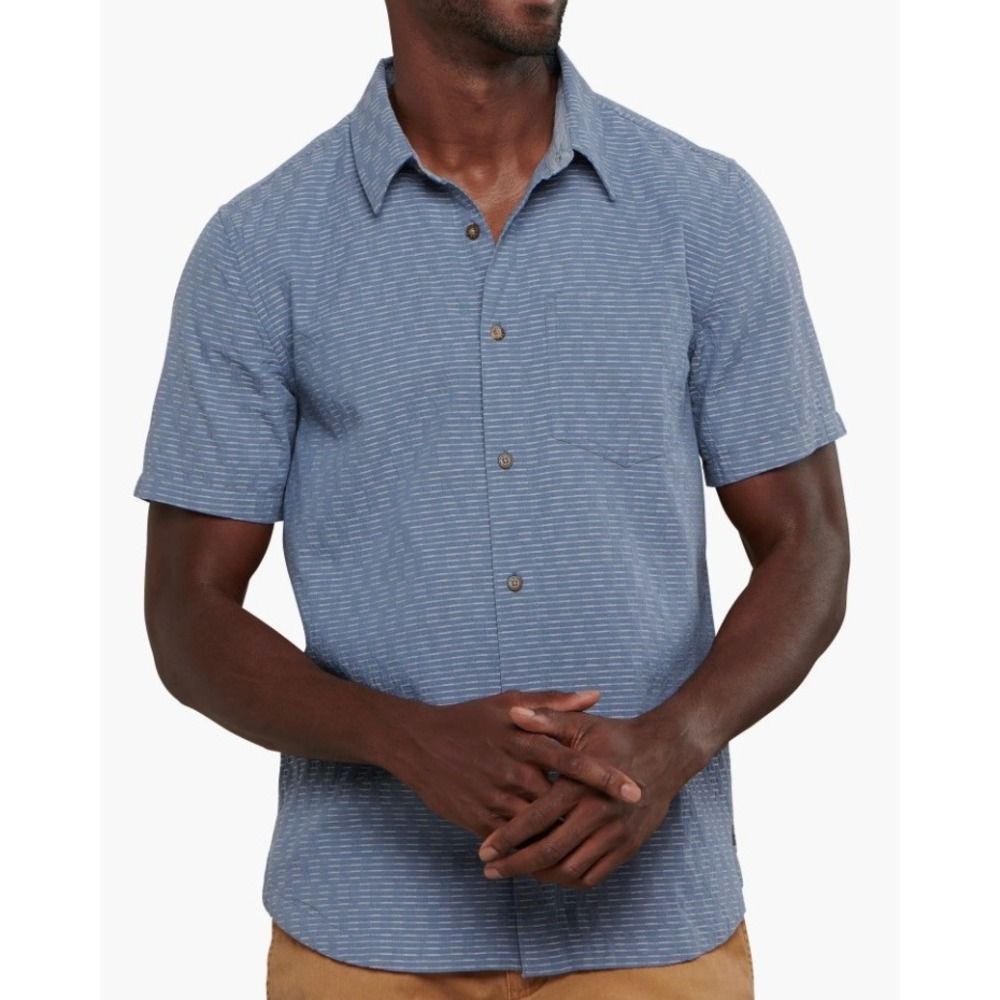 Toad&Co Harris Stripe‎ Organic Cotton Shirt Blue Short Sleeve Dobby Texture